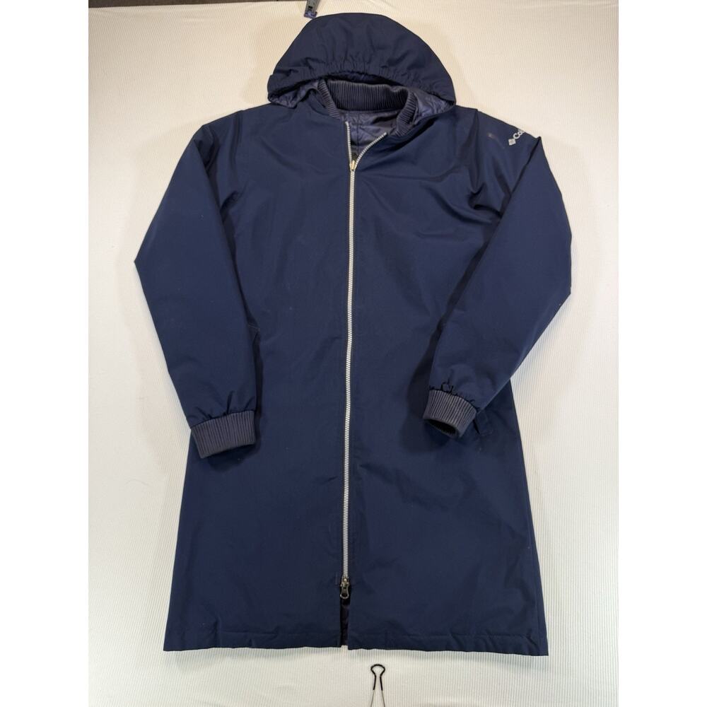 Columbia Reversible Long Coat Jacket Womens Small Navy Hooded Full Zip